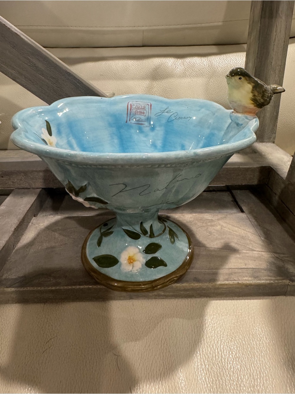 Le Creuset Light Blue Floral Footed Bowl with Bird Accent